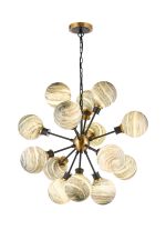 Jestero 78cm Pendant, 14 Light E14 With 15cm Round Dark Green Marble Effect Glass Shade, Brass & Satin Black Framework