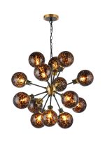 Jestero 78cm Pendant, 14 Light E14 With 15cm Round Brown & Amber Tortoise Shell Glass Shade, Brass & Satin Black