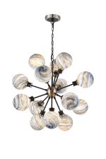Jestero 78cm Pendant, 14 Light E14 With 15cm Round Dark Blue Marble Effect Glass Shade, Satin Nickel & Satin Black Framework