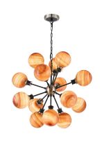 Jestero 78cm Pendant, 14 Light E14 With 15cm Round Dark Pink Marble Effect Glass Shade, Satin Nickel & Satin Black Framework