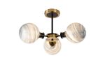 Jestero 53cm Semi Ceiling, 3 Light E14 With 15cm Round Dark Green Marble Effect Glass Shade, Brass & Satin Black Framework