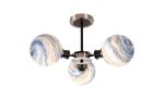 Jestero 53cm Semi Ceiling, 3 Light E14 With 15cm Round Dark Blue Marble Effect Glass Shade, Satin Nickel & Satin Black Framework