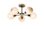Jestero 52cm Semi Ceiling, 5 Light E14 With 15cm Round Dark Beige Marble Effect Glass Shade, Brass & Satin Black Framework
