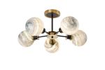 Jestero 52cm Semi Ceiling, 5 Light E14 With 15cm Round Dark Green Marble Effect Glass Shade, Brass & Satin Black Framework