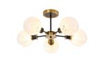 Jestero 52cm Semi Ceiling, 5 Light E14 With 15cm Round Speckled Glass Shade, Brass, White & Satin Black