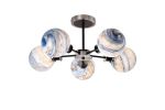 Jestero 52cm Semi Ceiling, 5 Light E14 With 15cm Round Dark Blue Marble Effect Glass Shade, Satin Nickel & Satin Black Framework