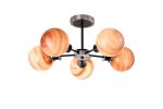 Jestero 52cm Semi Ceiling, 5 Light E14 With 15cm Round Dark Pink Marble Effect Glass Shade, Satin Nickel & Satin Black Framework