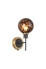 Jestero Switched Wall Light, 1 Light E14 With 15cm Round Brown & Amber Tortoise Shell Glass Shade, Brass & Satin Black