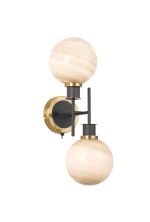 Jestero Switched Wall Light, 2 Light E14 With 15cm Round Dark Beige Marble Effect Glass Shade, Brass & Satin Black Framework