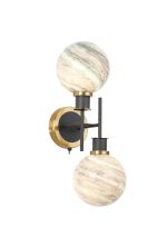 Jestero Switched Wall Light, 2 Light E14 With 15cm Round Dark Green Marble Effect Glass Shade, Brass & Satin Black Framework