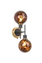 Jestero Switched Wall Light, 2 Light E14 With 15cm Round Brown & Amber Tortoise Shell Glass Shade, Brass & Satin Black