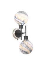 Jestero Switched Wall Light, 2 Light E14 With 15cm Round Dark Blue Marble Effect Glass Shade, Satin Nickel & Satin Black Framework