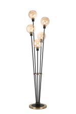 Jestero Floor Lamp, 5 Light E14, With 15cm Round Glass Shade Brass, Amber Plated, Satin Black