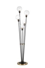 Jestero Floor Lamp, 5 Light E14, With 15cm Round Glass Shade Brass, Clear, Satin Black