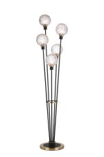 Jestero Floor Lamp, 5 Light E14, With 15cm Round Textured Crumple Glass Shade Brass, Clear, Satin Black
