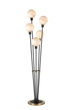 Jestero Floor Lamp, 5 Light E14, With 15cm Round Dark Beige Marble Effect Glass Shade Brass & Satin Black