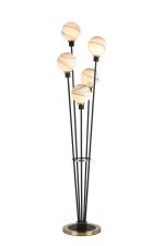 Jestero Floor Lamp, 5 Light E14, With 15cm Round Marble Effect Glass Shade Brass, White, Satin Black