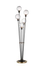 Jestero Floor Lamp, 5 Light E14, With 15cm Round Textured Melting Glass Shade Brass, Clear, Satin Black