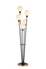 Jestero Floor Lamp, 5 Light E14, With 15cm Round Glass Shade Brass, Opal, Satin Black