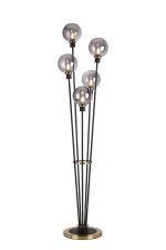 Jestero Floor Lamp, 5 Light E14, With 15cm Round Glass Shade Brass, Smoke Plated, Satin Black