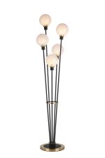 Jestero Floor Lamp, 5 Light E14, With 15cm Round Speckled Glass Shade Brass, White, Satin Black