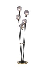 Jestero Floor Lamp, 5 Light E14, With 15cm Round Double Textured Smooth / Ribbed Glass Shade Brass, Smoke Plated, Satin Black