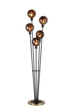 Jestero Floor Lamp, 5 Light E14, With 15cm Round Brown & Amber Tortoise Shell Glass Shade, Brass & Satin Black