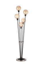 Jestero Floor Lamp, 5 Light E14, With 15cm Round Glass Shade Satin Nickel, Amber Plated, Satin Black