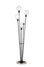 Jestero Floor Lamp, 5 Light E14, With 15cm Round Glass Shade Satin Nickel, Clear, Satin Black