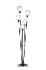 Jestero Floor Lamp, 5 Light E14, With 15cm Round Crackled Glass Shade Satin Nickel, Clear, Satin Black