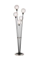 Jestero Floor Lamp, 5 Light E14, With 15cm Round Textured Crumple Glass Shade Satin Nickel, Clear, Satin Black