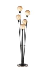 Jestero Floor Lamp, 5 Light E14, With 15cm Round Light Grey Marble Effect Glass Shade Satin Nickel & Satin Black