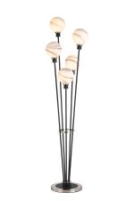Jestero Floor Lamp, 5 Light E14, With 15cm Round Marble Effect Glass Shade Satin Nickel, White, Satin Black