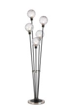 Jestero Floor Lamp, 5 Light E14, With 15cm Round Textured Melting Glass Shade Satin Nickel, Clear, Satin Black