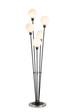 Jestero Floor Lamp, 5 Light E14, With 15cm Round Glass Shade Satin Nickel, Opal, Satin Black