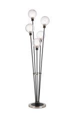 Jestero Floor Lamp, 5 Light E14, With 15cm Round Ribbed Glass Shade Satin Nickel, Clear, Satin Black