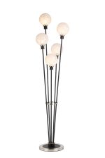 Jestero Floor Lamp, 5 Light E14, With 15cm Round Speckled Glass Shade Satin Nickel, White, Satin Black