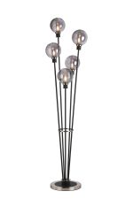 Jestero Floor Lamp, 5 Light E14, With 15cm Round Double Textured Smooth / Ribbed Glass Shade Satin Nickel, Smoke Plated, Satin Black