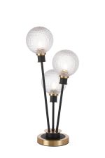 Jestero Table Lamp Touch Switch, 3 Light E14, With 15cm Round Textured Diamond Pattern Glass Shade Brass, Clear, Satin Black