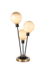 Jestero Table Lamp Touch Switch, 3 Light E14, With 15cm Round Dark Beige Marble Effect Glass Shade Brass & Satin Black