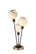 Jestero Table Lamp Touch Switch, 3 Light E14, With 15cm Round Dark Green Marble Effect Glass Shade Brass & Satin Black