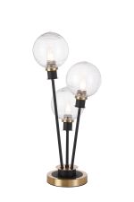 Jestero Table Lamp Touch Switch, 3 Light E14, With 15cm Round Ribbed Glass Shade Brass, Clear, Satin Black