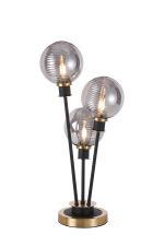 Jestero Table Lamp Touch Switch, 3 Light E14, With 15cm Round Double Textured Smooth / Ribbed Glass Shade Brass, Smoke Plated, Satin Black