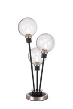 Jestero Table Lamp Touch Switch, 3 Light E14, With 15cm Round Crackled Glass Shade Satin Nickel, Clear, Satin Black