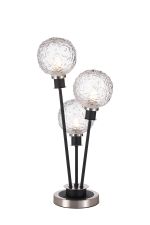 Jestero Table Lamp Touch Switch, 3 Light E14, With 15cm Round Textured Crumple Glass Shade Satin Nickel, Clear, Satin Black