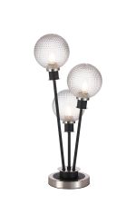 Jestero Table Lamp Touch Switch, 3 Light E14, With 15cm Round Textured Diamond Pattern Glass Shade Satin Nickel, Clear, Satin Black