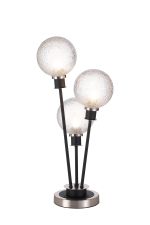 Jestero Table Lamp Touch Switch, 3 Light E14, With 15cm Round Dimpled Glass Shade Satin Nickel, Clear, Satin Black