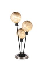 Jestero Table Lamp Touch Switch, 3 Light E14, With 15cm Round Light Grey Marble Effect Glass Shade Satin Nickel & Satin Black