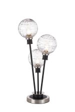 Jestero Table Lamp Touch Switch, 3 Light E14, With 15cm Round Textured Melting Glass Shade Satin Nickel, Clear, Satin Black