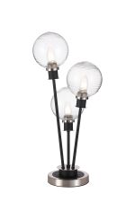 Jestero Table Lamp Touch Switch, 3 Light E14, With 15cm Round Ribbed Glass Shade Satin Nickel, Clear, Satin Black